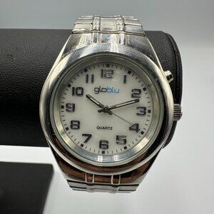 3/$30 Globlu Watch Men Silver White Dial Easy To Read Numbers Stretch Band 8"